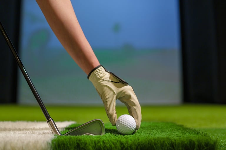 Golfer placing ball on mat