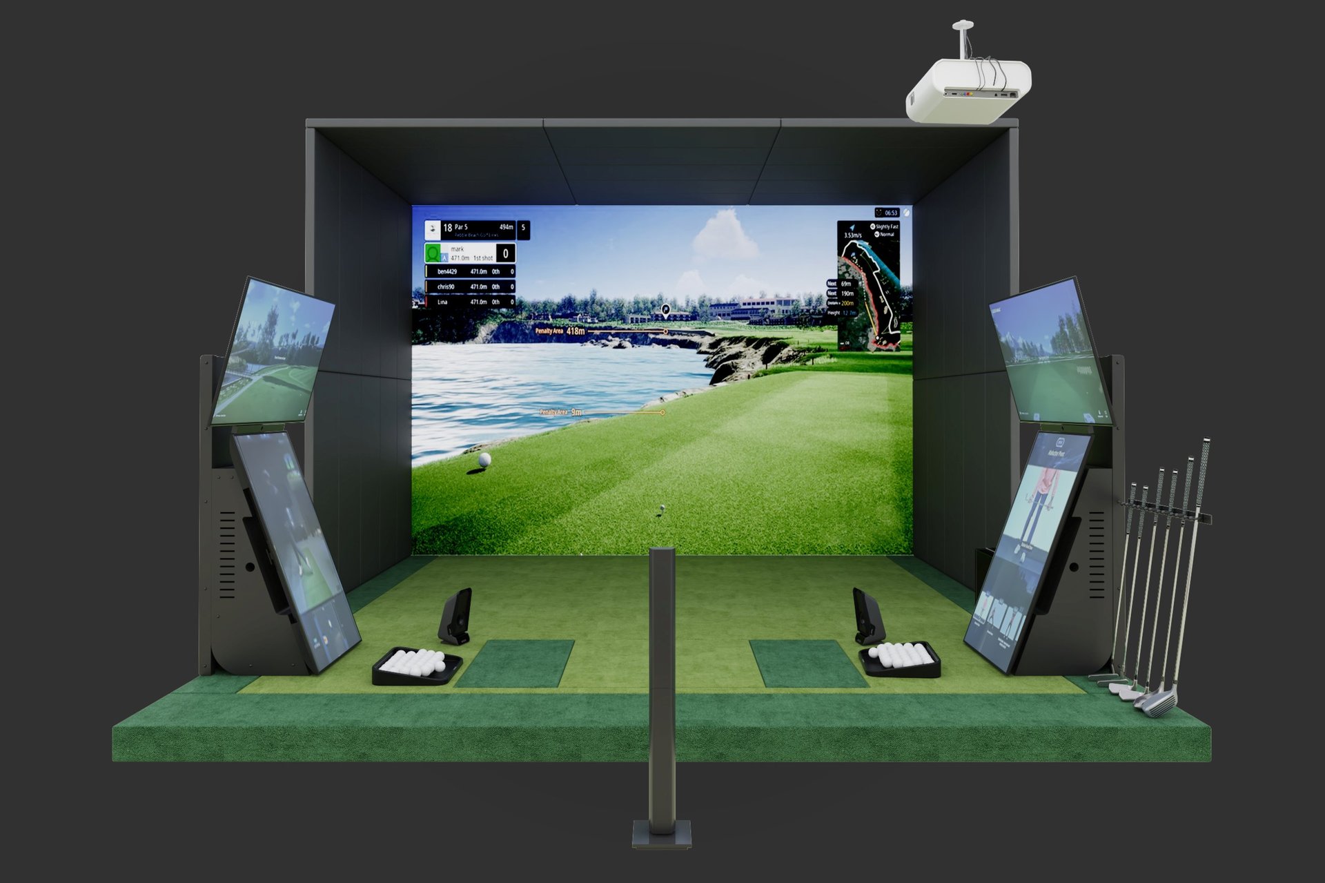 Indoor golf simulator with screens displaying a golf course